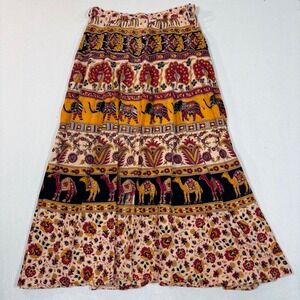 Bohemian Maxi Skirt with Elephant Print - Mustard & Black